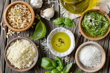 The ingredients for homemade pesto sauce basil, parmesan cheese ,garlic, olive oil , pine nut ,peppercorn and himalayan salt on shabby wooden background with flat lay