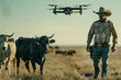 Cowboy with drone monitoring cattle in the vast open plains under a clear sky