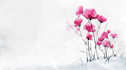 Hot pink stylized watercolor flowers on white, minimalist sophistication.