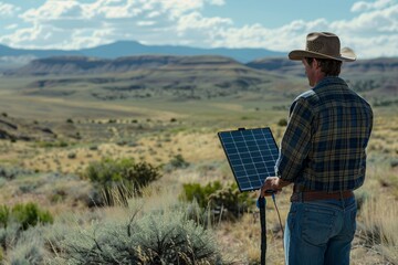 Cowboy with solar panel gazes across vast Western landscape under blue sky