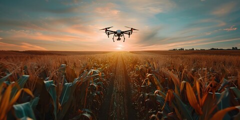 Wall Mural - Aerial Agricultural Drone Surveying Cornfield at Sunset for Yield Estimation and Crop Health Monitoring