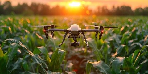 Wall Mural - Drone Equipped with Advanced Sensors Capturing Data for Precision Agriculture over Vibrant Green Cornfield