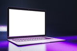 Fototapeta Miasto - Close up of neon purple light gaming laptop with empty white mock up screen. 3D Rendering.