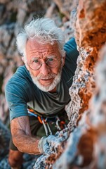 Mature white haired man climbing up a cliff wearing glasses