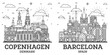 Outline Barcelona Spain and Copenhagen Denmark City Skyline set with Modern and Historic Buildings Isolated on White. Cityscape with Landmarks.