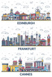 Outline Frankfurt Germany, Cannes France and Edinburgh Scotland City Skyline set with Colored Modern and Historic Buildings Isolated on White. Cityscape with Landmarks.