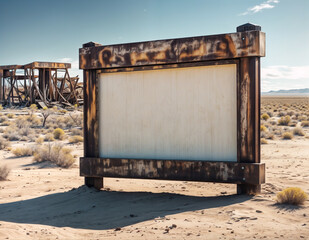 A rusty blank billboard sign in the middle of a desertic landscape. 