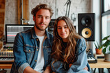 Fototapeta  - Boy and girl couple posing in recording studio
