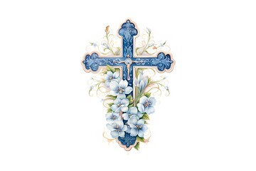 Wall Mural - Easter cross with blue flowers. Vector illustration on white background.