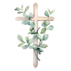 Wall Mural - Watercolor christian cross with green leaves. Hand painted illustration.