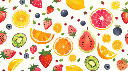 Seamless pattern background of Colorful Fresh Fruits bursting with colorful fresh fruits such oranges, lemons, strawberries, and watermelons, invoking the vibrant refreshing essence of summer fruit