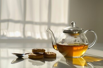 Glass teapot on white surface and white background