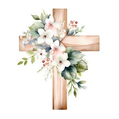 Wall Mural - Wooden Christian cross with flowers and leaves. Hand drawn watercolor illustration