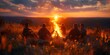 Glowing Sunset Campfire Gathering in Picturesque Meadow Landscape