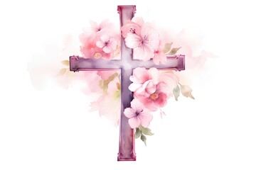 Watercolor christian cross with flowers. Illustration for your design