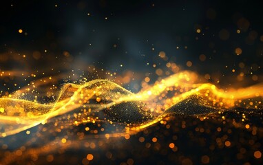 Wall Mural - bright golden wave particles in the dark background