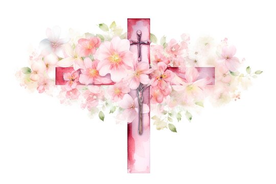 Cross with cherry blossom. Hand drawn watercolor illustration isolated on white background