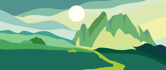 Wall Mural - Vector illustration. Beautiful mountain nature. Travel and leisure concepts. A wonderful view of the mountains and forests. Perfect image for screensaver, cover, card, invitation and business card.