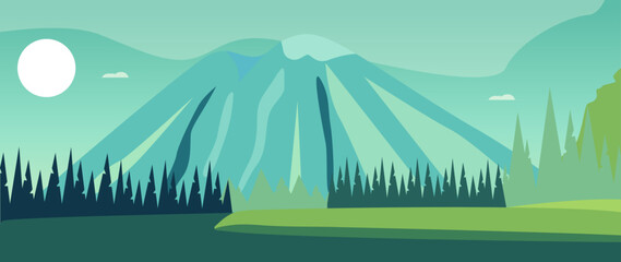 Wall Mural - Vector illustration. Beautiful mountain nature. Travel and leisure concepts. A wonderful view of the mountains and forests. Perfect image for screensaver, cover, card, invitation and business card.