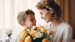 Son Gives Joyful Mother Flowers on Mother's Day