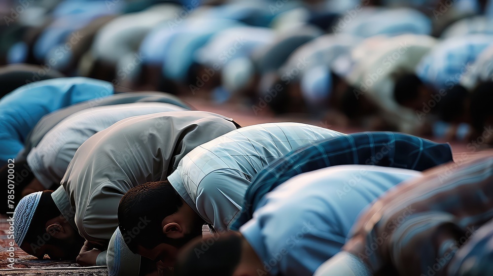 Islamic, praying and men in a Mosque for spiritual religion together as ...