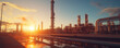 Oil refinery plant with pipeline and valve at sunset, gas or oil pipes of petrochemical factory, panoramic view, generated by ai