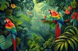Colorful macaw parrots on tree branch side by side in lush tropical setting