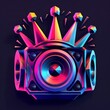 dubwise lcd logo with speakers and a colorful crown logo, in the style of low poly