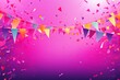 Foreground with magenta background and colorful flags garland on top, confetti all around, sun shining in the background, party banner