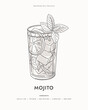Mojito. Summer cocktail in a glass glass with ice cubes, a slice of lime and a mint leaf. A classic alcoholic drink. Illustration for drinks cards, bar and wedding menus, cards and website graphics.
