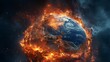 Fiery demise of a carbonized Earth globe, crumbling to ashes on glowing embers, a powerful depiction of global warming in high-definition 4k.