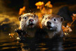 Playful otters splashing in a garden pond, their joyful interactions with water and each other beautifully documented in HD.
