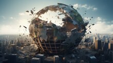 Earth Constructed Of Urban Materials Disintegrates, A Powerful 4k Visual Metaphor For The Destructive Impact Of Unchecked Economic Growth On Global Resources.