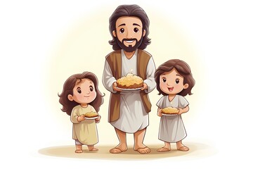 Wall Mural - Vector cartoon illustration of Jesus with his family isolated on white background.