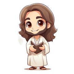 Wall Mural - Vector illustration of cartoon jesus christ with book in hands.