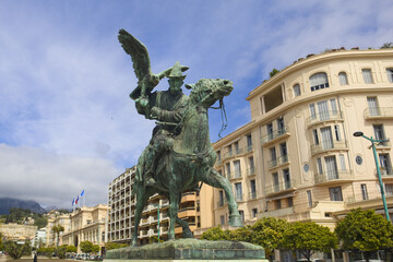 Wall Mural - Equestrian statue of hunt for berkout in Menton, France