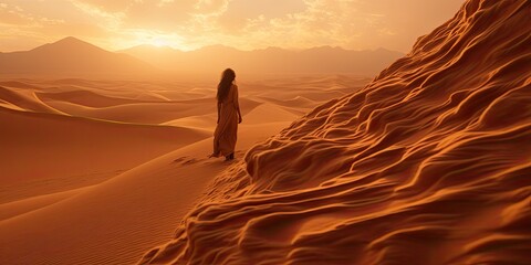 Wall Mural - Women trekking across the desert, captivated by the expansive and serene environment.