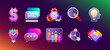 © redgreystock - Glassmorphism matte ui icon set with blurred neon gradient for mobile app design. Transparent frosted glass morphism icons of business strategy, chart, web settings, money sign and search magnifier.