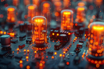 Wall Mural - A macro photograph of a transistor cluster, each tiny transistor glowing slightly to illustrate its