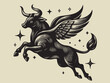A beautiful fairy-tale bull with wings flying across the sky. Vintage retro engraving illustration. Black icon, isolated element	