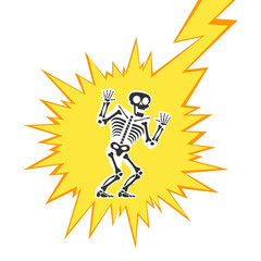 Skeleton electric shock by high voltage or lighting electrocuted caution silhouette flat style design vector illustration. A funny human skeleton had an electric shock or lightning strike.