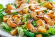 Caesar Salad, Cesar Salat or Barbecue Shrimps Ceasar with Green Lettuce, Grated Parmesan Cheese