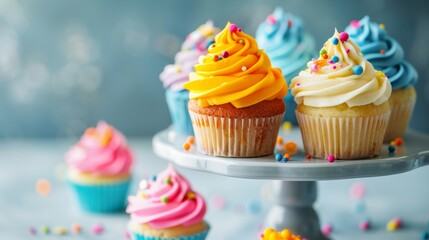 Wall Mural - A selection of brightly decorated cupcakes with colorful icing and sprinkles on a cake stand.