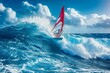 A windsurfer takes on the turquoise seas, showcasing the intensity and excitement of harnessing the power of wind and water. AI Generated.