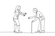 © wiwid - A single continuous line, illustrating	An elderly man and a young woman walk face to face while preparing to hug. elderly man holding a stick. young woman with long hair. both walk slowly. young women