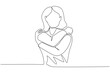 © wiwid - one line drawing	A woman hugs herself. beautiful young woman. dress casually. cold embraced himself. white background. one line painting. shoulder-length hair looks charming. warm your own body hands