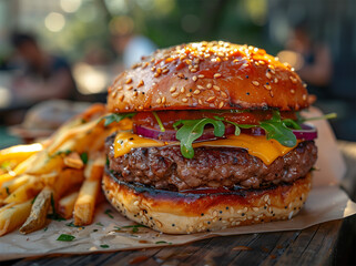 Street food festival background. Burgers close-up on the wooden table and people shown with a low-depth of field.	