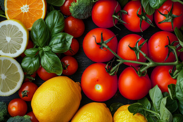 Wall Mural - Juicy tomatoes, bright lemons, and green basil leaves on a dark backdrop, perfect for healthy recipes. AI Generated