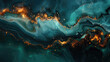 A dark teal and gold marble background with swirling patterns, glowing lights. Created with Ai