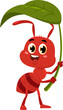 Cute Ant Cartoon Character Holding A Big Leaf. Vector Illustration Flat Design Isolated On Transparent Background